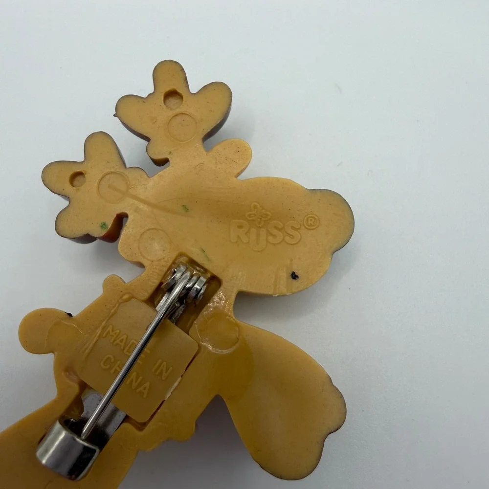 Vintage Russ Berrie Reindeer Pin Christmas Brooch Brown Tan Red Holiday Jewelry